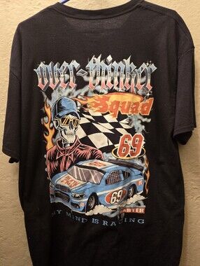 Happy House Over Thinker Graphic Tee Black Racing Skeleton Car Oversized T-Shirt